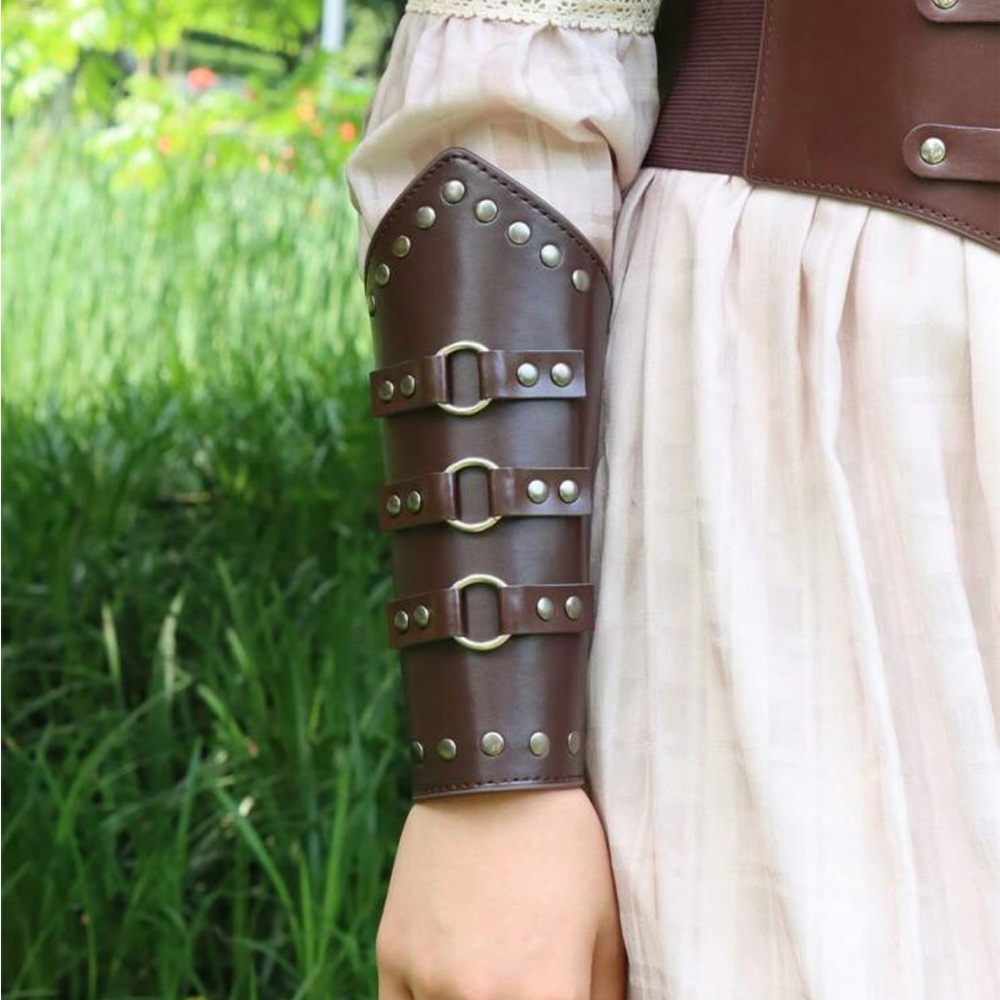 Brown Steampunk PU Leather Arm Cuffs Bracer - Set New